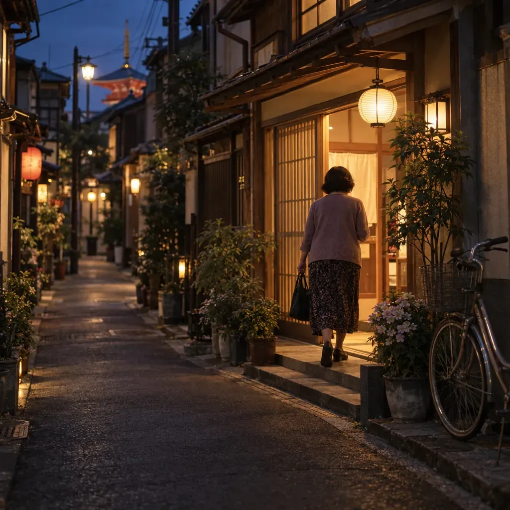 夕暮れの下町の路地と、灯りのともる会場の入口