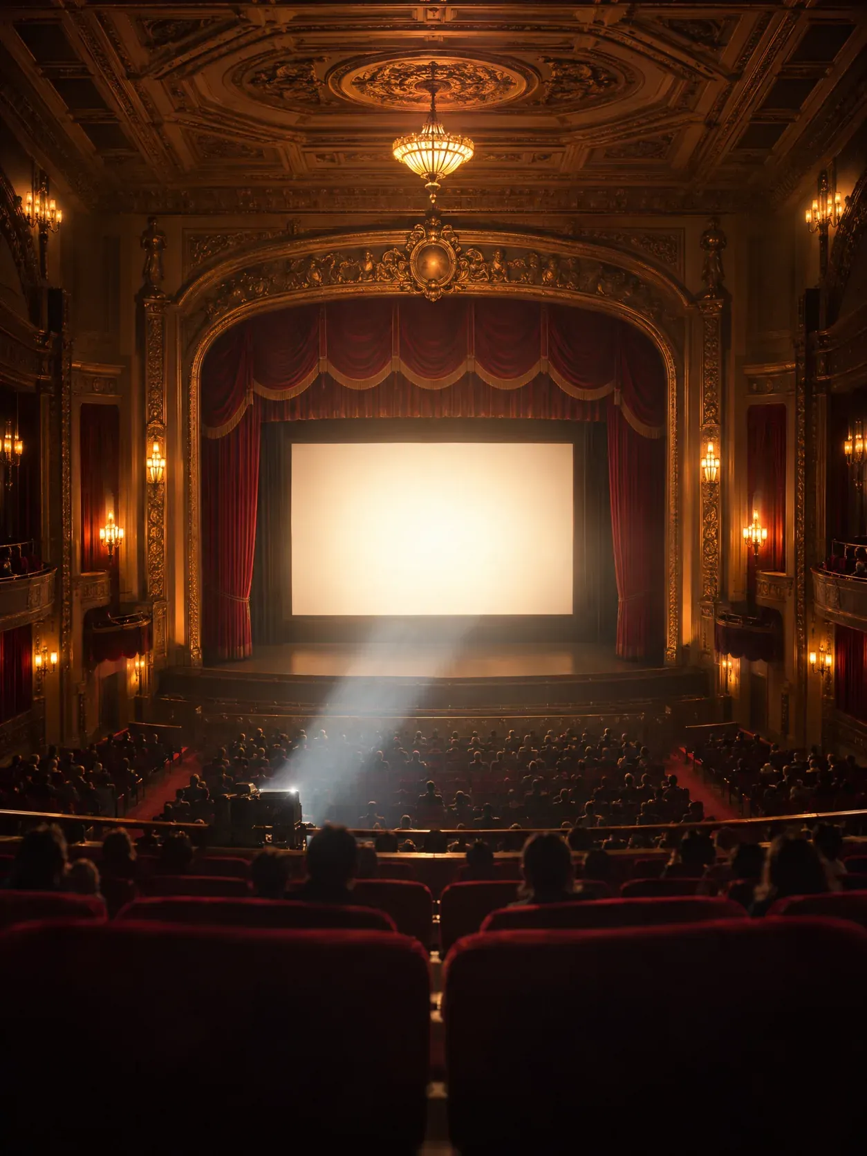 往年の洋画を映す、大きな映画館の客席とスクリーン