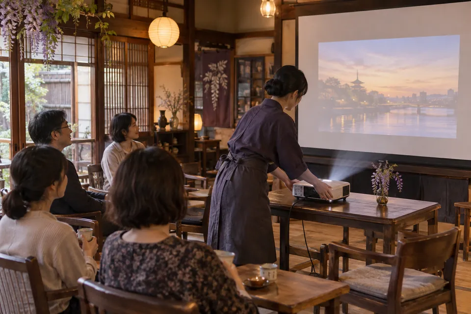 小さな会場で上映準備をする関東の現地運営イメージ